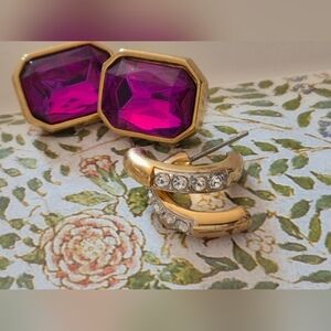 Two Pairs Of Earrings Gold and Hot Pink Crystal Earrings